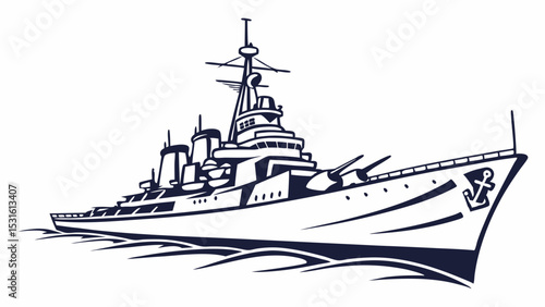 Stylized Navy Warship Illustration with Anchor Detail on Bow