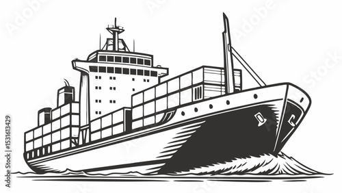Container Ship Sailing on Ocean Waves Black and White Illustration