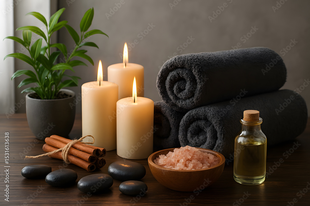 A soothing spa setting with lit candles, rolled towels, essential oils, and natural elements, evoking relaxation and well-being A soothing spa setting with lit candles, rolled towels, essential oils, and natural elements, evoking relaxation and well-being