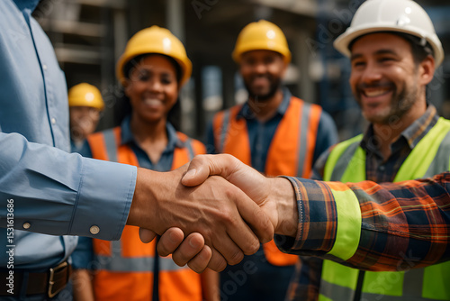 Two adult males, 30s, shake hands with a group of diverse construction workers in hard hats and vests smiling in the background