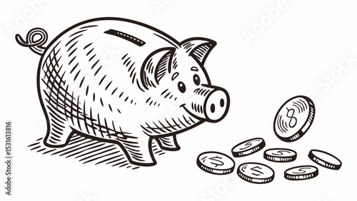 Handdrawn Piggy Bank with Falling Coins