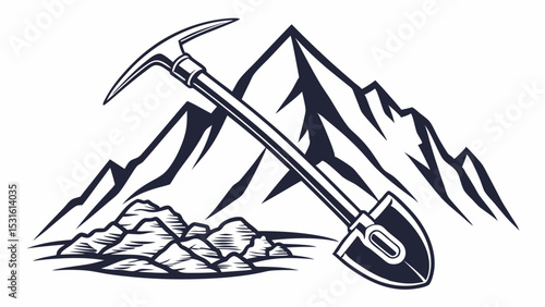 Mountain Landscape with Pickaxe and Shovel Illustration
