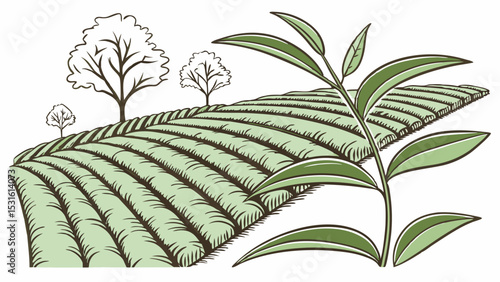 Illustration of a Tea Plantation with Tea Plant and Trees