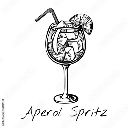 Hand-drawn vector of Aperol Spritz cocktail with orange slice and bubbles in wine glass. Retro summer drink sketch ideal for bar menu, aperitif visuals, or blog posts.