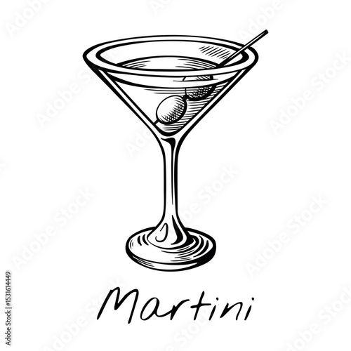 Hand-drawn vector illustration of Martini cocktail with olive in a classic glass. Retro bar sketch perfect for elegant menu design, nightlife content, or mixology visuals.
