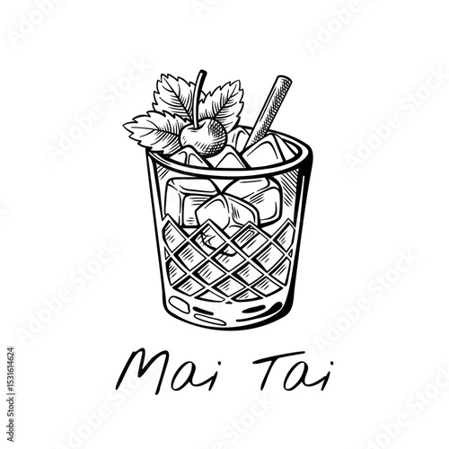 Vintage hand-drawn vector illustration of Mai Tai cocktail with citrus garnish in tiki glass. Perfect for summer parties, bar menus, tropical and exotic drink themes.