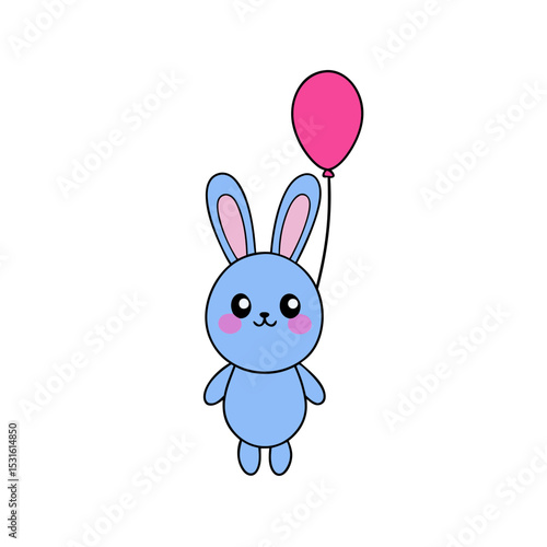 Cute Kawaii Bunny with Rosy Cheeks and Balloon