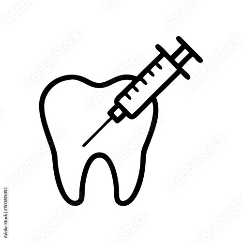 Tooth with syringe for dental treatment in minimalist design, icon, vector  