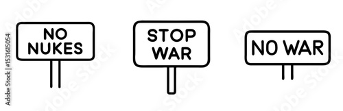 Protest signs advocating peace with anti-war messages, icons set, vector 