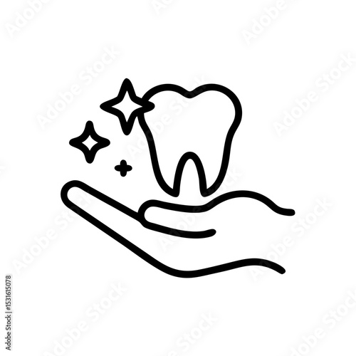 Hand holding a healthy, shining tooth with sparkling elements, icon, vector  