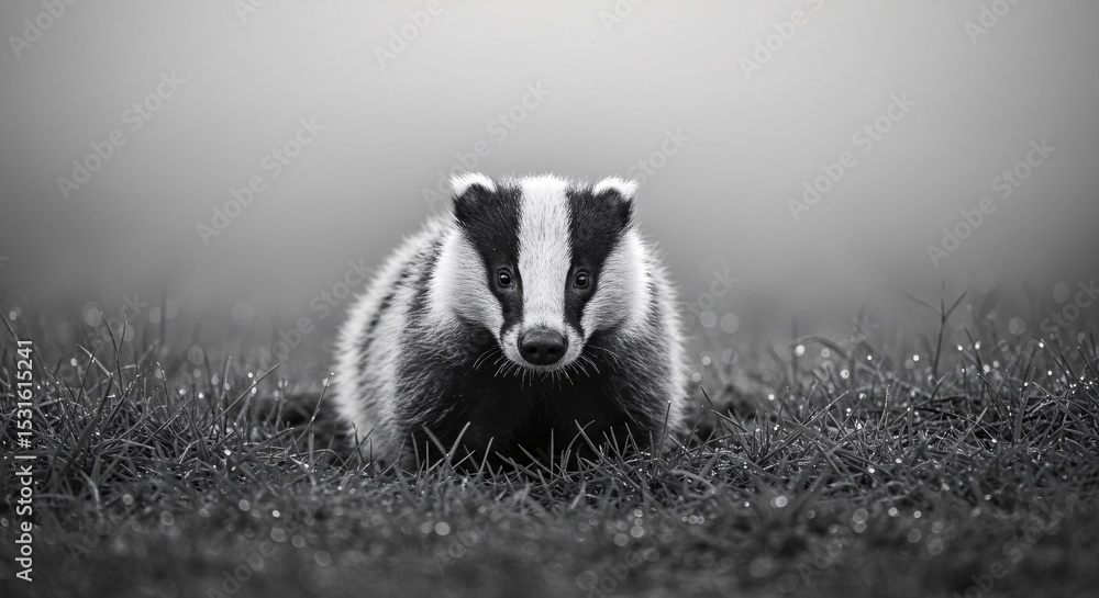 Obraz premium Young Badger in Misty Meadow Black and White Wildlife Photography
