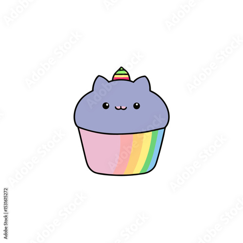 Cute Kawaii Cupcake Cat with Rosy Cheeks and Rainbow