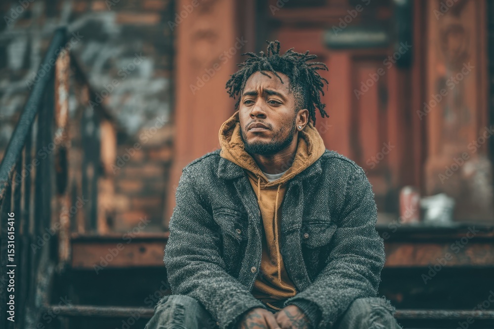 Naklejka premium A young man clutching his chest in distress, potentially experiencing a panic attack or hyperventilation. No other subjects visible in the frame.