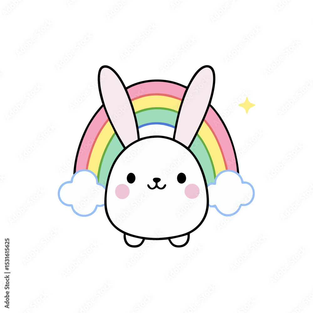 Kawaii Bunny with Smiling Face and Rainbow Kawaii Bunny with Smiling Face and Rainbow