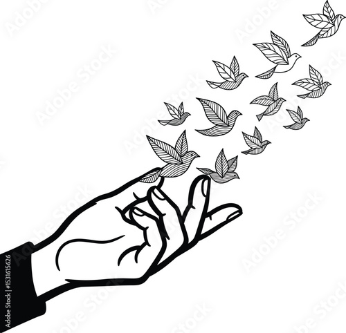 Hand Releasing Black Leafy Birds White Background Vector Illustration