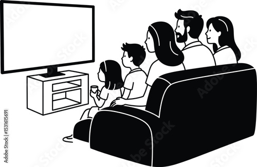 Black and White Family Watching Television on Sofa