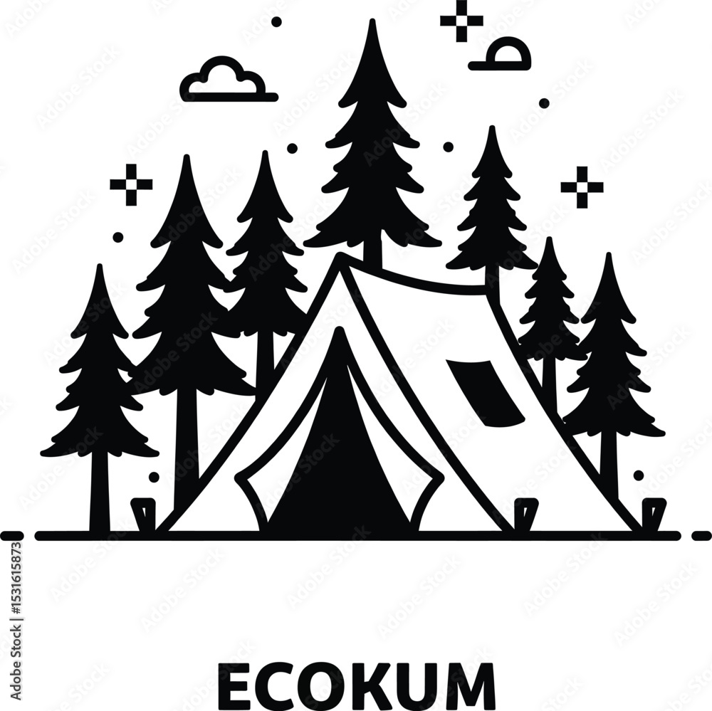 Obraz premium Black Line Art Tent in Forest Camping Nature Ecokum Trees