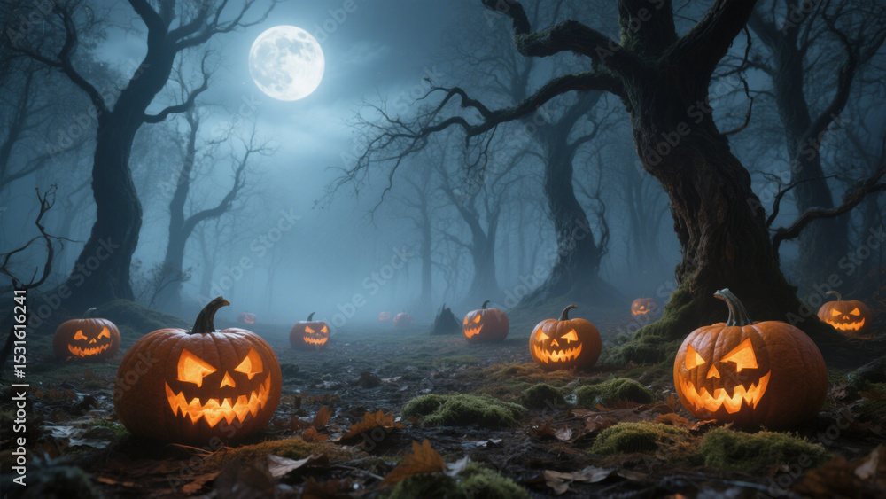 Fototapeta premium A hauntingly beautiful forest scene under a full moon, with eerie jack-o'-lanterns scattered across the ground. Halloween, Halloween Costumes, Halloween Background, Happy Halloween