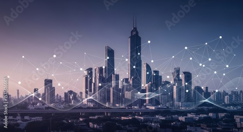 futuristic smart city skyline with digital network overlay representing urban connectivity