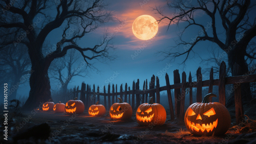 Fototapeta premium A hauntingly beautiful Halloween scene at twilight, where the sky transitions from deep blue to warm orange hues. Halloween, Halloween Costumes, Halloween Background, Happy Halloween