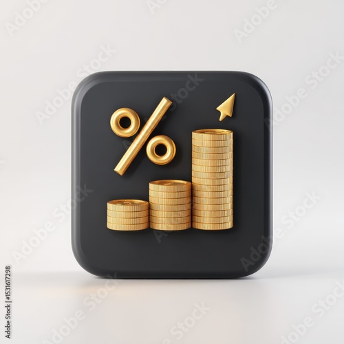Black square icon with golden percentage, coins, and upward arrow; financial growth