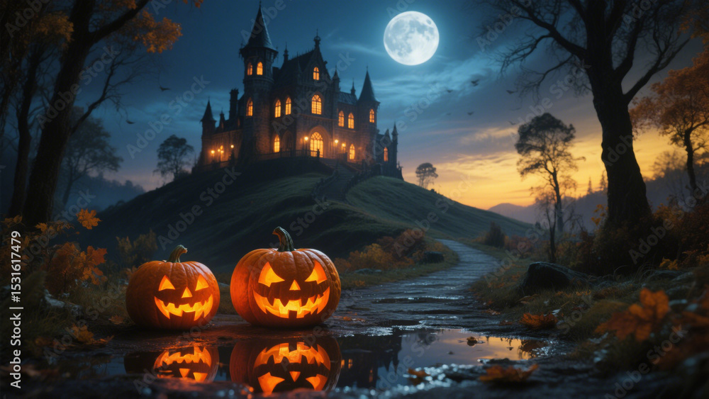 A hauntingly beautiful Halloween scene featuring a grand, gothic castle perched on a hill under a full moon. Halloween, Halloween Costumes, Halloween Background, Happy Halloween A hauntingly beautiful Halloween scene featuring a grand, gothic castle perched on a hill under a full moon. Halloween, Halloween Costumes, Halloween Background, Happy Halloween