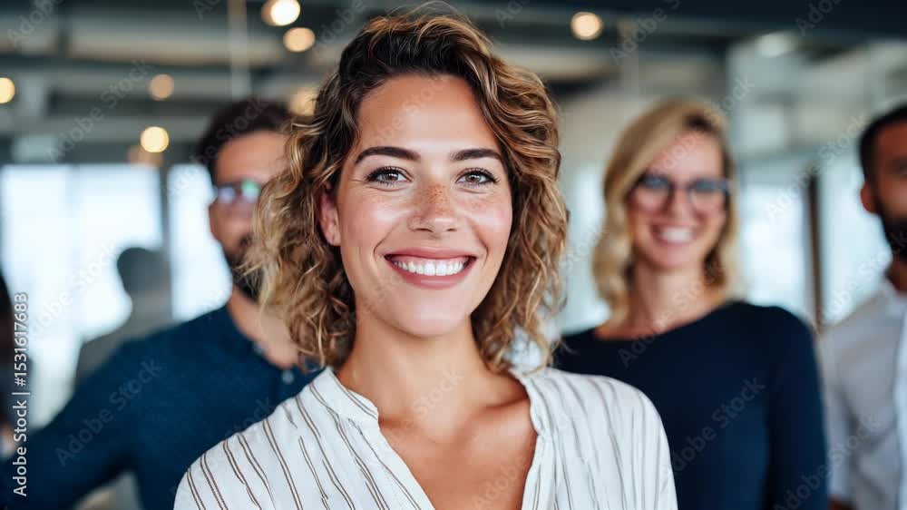 Smiling Young Female Team Leader with Her Team in Background, Confident Business Woman Manager Posing at Office, Modern Leadership, Workplace Empowerment and Teamwork Concept, Businesspeople. Smiling Young Female Team Leader with Her Team in Background, Confident Business Woman Manager Posing at Office, Modern Leadership, Workplace Empowerment and Teamwork Concept, Businesspeople.