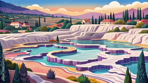Vector illustration of Pamukkale thermal pools in Turkey, showcasing white travertine terraces, natural hot springs, and unique limestone formations under clear blue sky