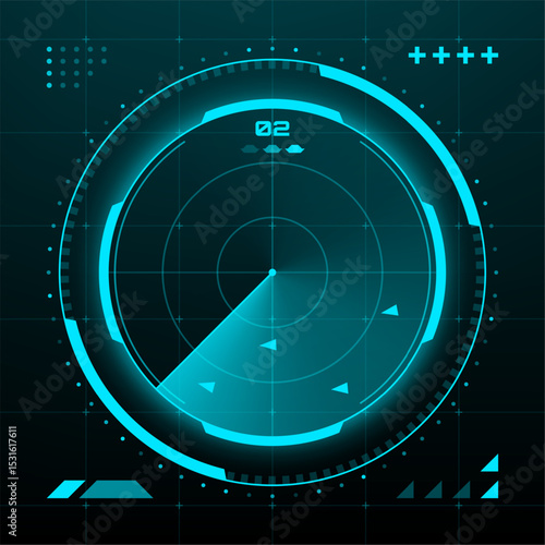 Futuristic head up display radar screen with neon cyan light on dark grid background. Digital hud for data visualization. vector graphics.