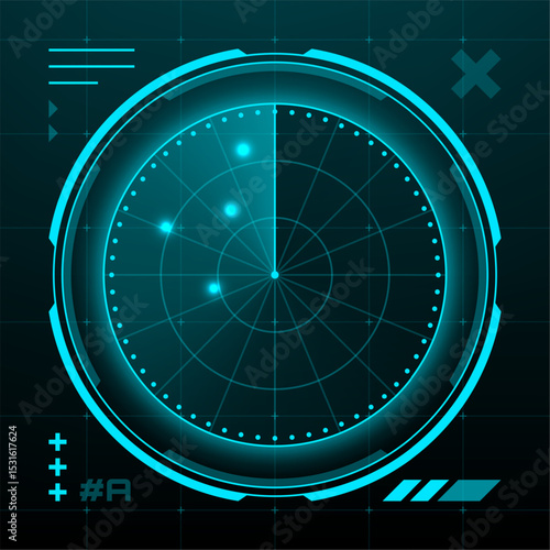 Abstract hud radar vector display with scanning line and glowing target points. UI digital screen for game navigation system.