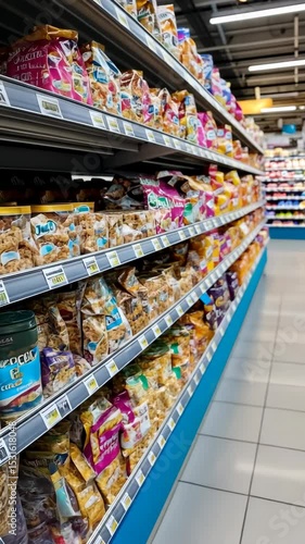 Vibrant supermarket aisle displaying colorful cereal boxes and snacks