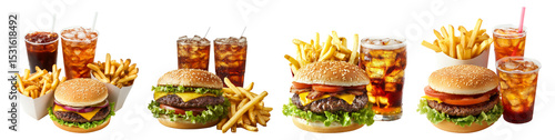 Delicious Fast Food Meal with Burgers and Crispy French Fries, PNG bundle collection, Isolated on Transparent Background