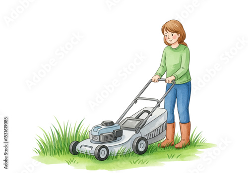 Woman mowing lawn vector illustration.