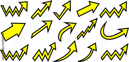 黄色矢印セット　上昇・曲線・ジグザグ