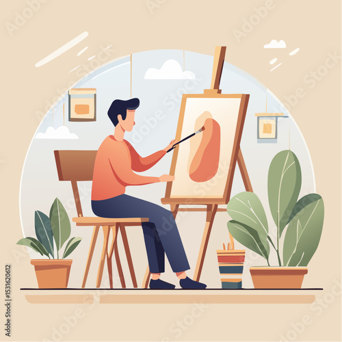 Man Painting on Canvas in Home Studio