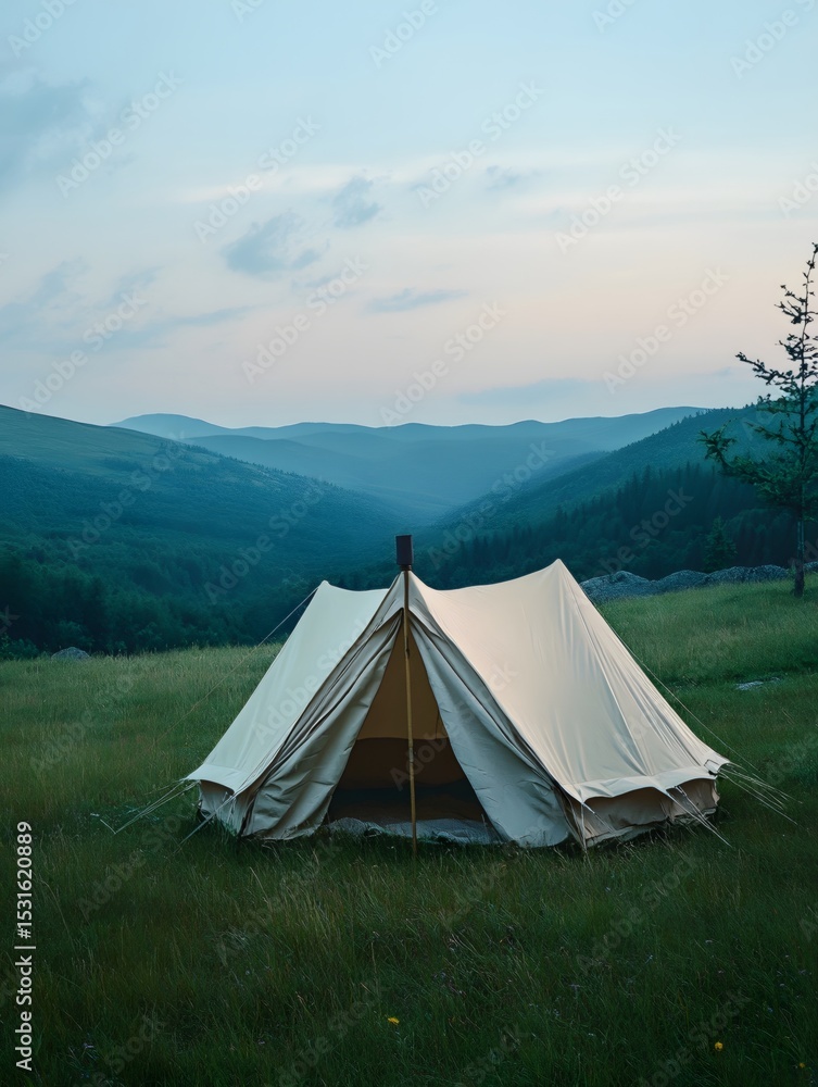 Quiet tents on the grassland and distant mountains Quiet tents on the grassland and distant mountains