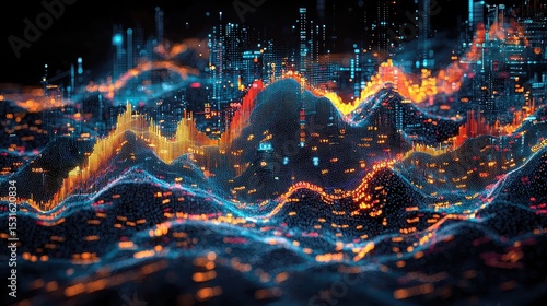 A dynamic digital landscape where abstract lines and shapes, reminiscent of stock market fluctuations, intertwine with vibrant color gradients and intricate financial indicators, all generated 