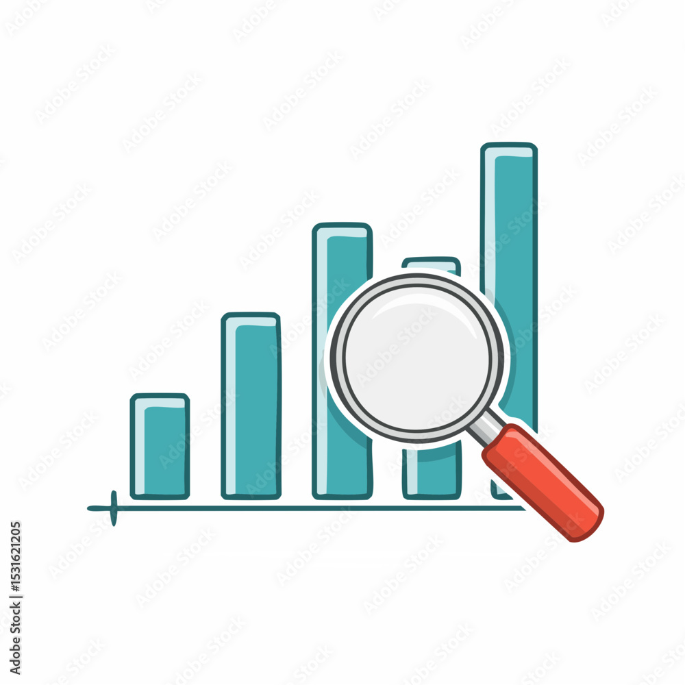 A bar graph showing growth, analyzed with a magnifying glass, suggesting data analysis and business progress. A bar graph showing growth, analyzed with a magnifying glass, suggesting data analysis and business progress.