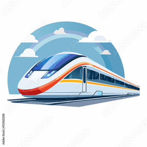Sleek high-speed train speeding towards a bright, rainbow-arced sky.