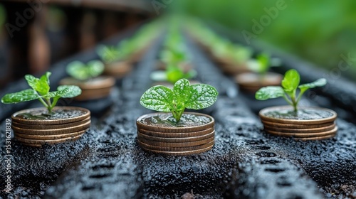 A row of stacks of coins, their surfaces adorned with vibrant emerald leaves, symbolizing growth and prosperity, a testament to the enduring power of financial discipline and the potential for 