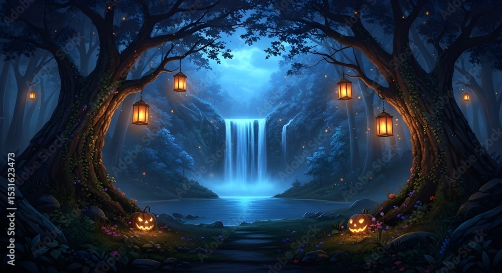 Obraz premium Halloween Night in Spooky Forest with Glowing Lanterns and Vibrant Waterfall Oasis