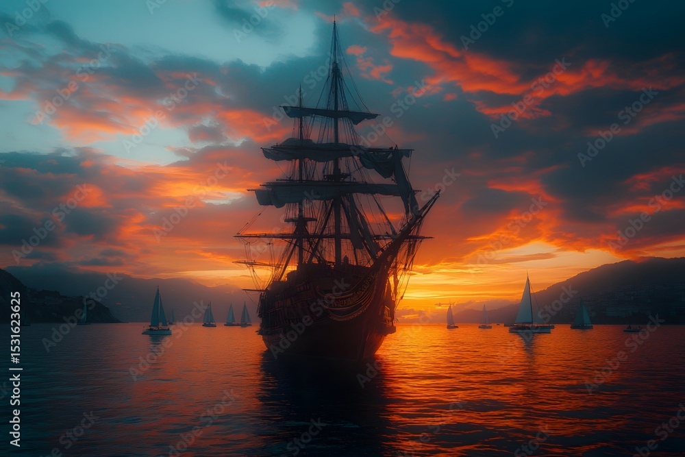 Fototapeta premium The old ship and the coast in the sunset glow