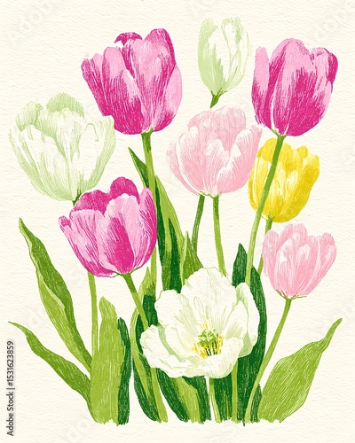 Pastel flower illustration on a crisp white background with delicate scattered petals