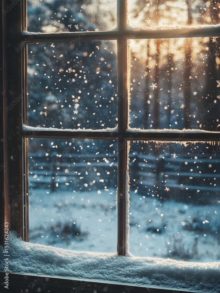 Naklejka premium Silver snowflakes falling outside the winter window