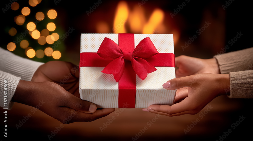 Hands exchanging beautifully wrapped gift with red bow in cozy holiday atmosphere. Warm glow from fireplace and soft lights create intimate setting. Concept of holidays, gift giving, celebrations Hands exchanging beautifully wrapped gift with red bow in cozy holiday atmosphere. Warm glow from fireplace and soft lights create intimate setting. Concept of holidays, gift giving, celebrations