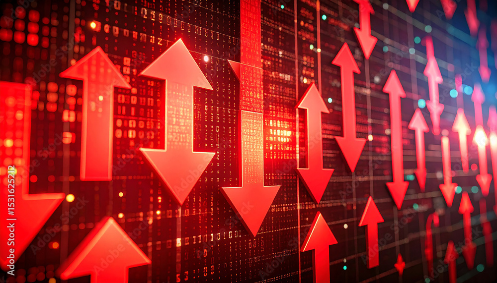 Market Dynamics: Dynamic depiction of financial markets with both upward and downward trends showcased by red arrows against a data-rich backdrop, highlighting the volatile nature of stocks. Market Dynamics: Dynamic depiction of financial markets with both upward and downward trends showcased by red arrows against a data-rich backdrop, highlighting the volatile nature of stocks.