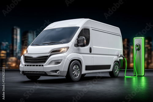 Electric delivery van plugged into charging station in vibrant urban environment. City skyline illuminated with lights at night. Concept of sustainable transport, logistics, urban innovation