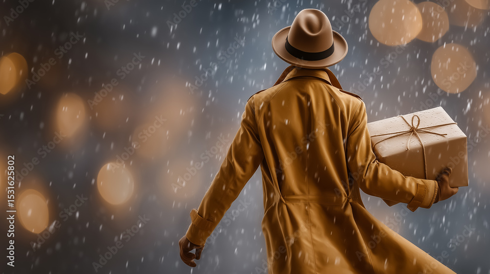 Fototapeta premium Man in yellow trench coat holds gift box while standing in rain, blurred bokeh lights create a dreamy atmosphere. Concept of gift giving, surprise, holiday celebrations