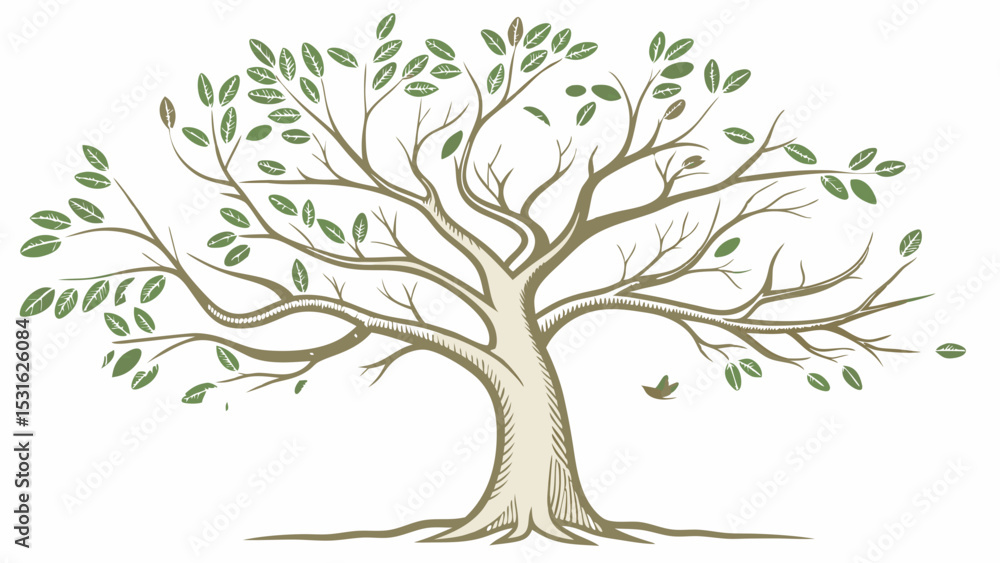 Obraz premium Stylized Tree Illustration with Green Leaves and Bare Branches