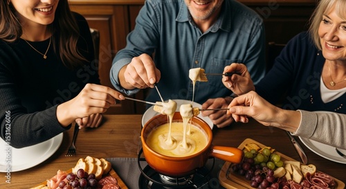 Gourmet Swiss fondue dinner on a winter evening